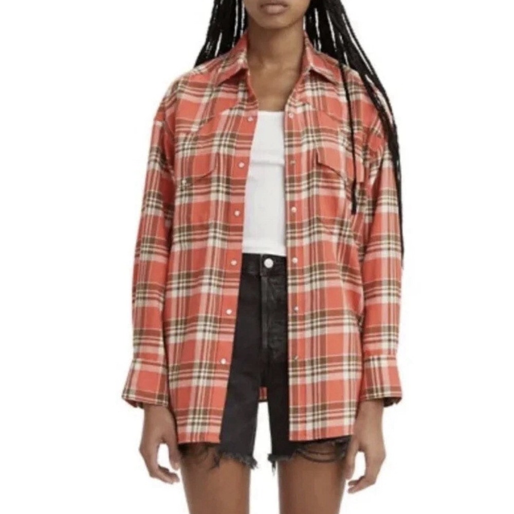 Levi's Women's Dylan Top Orange Plaid Flannel Shirt Pearl Snaps Sz 1X New $69.50